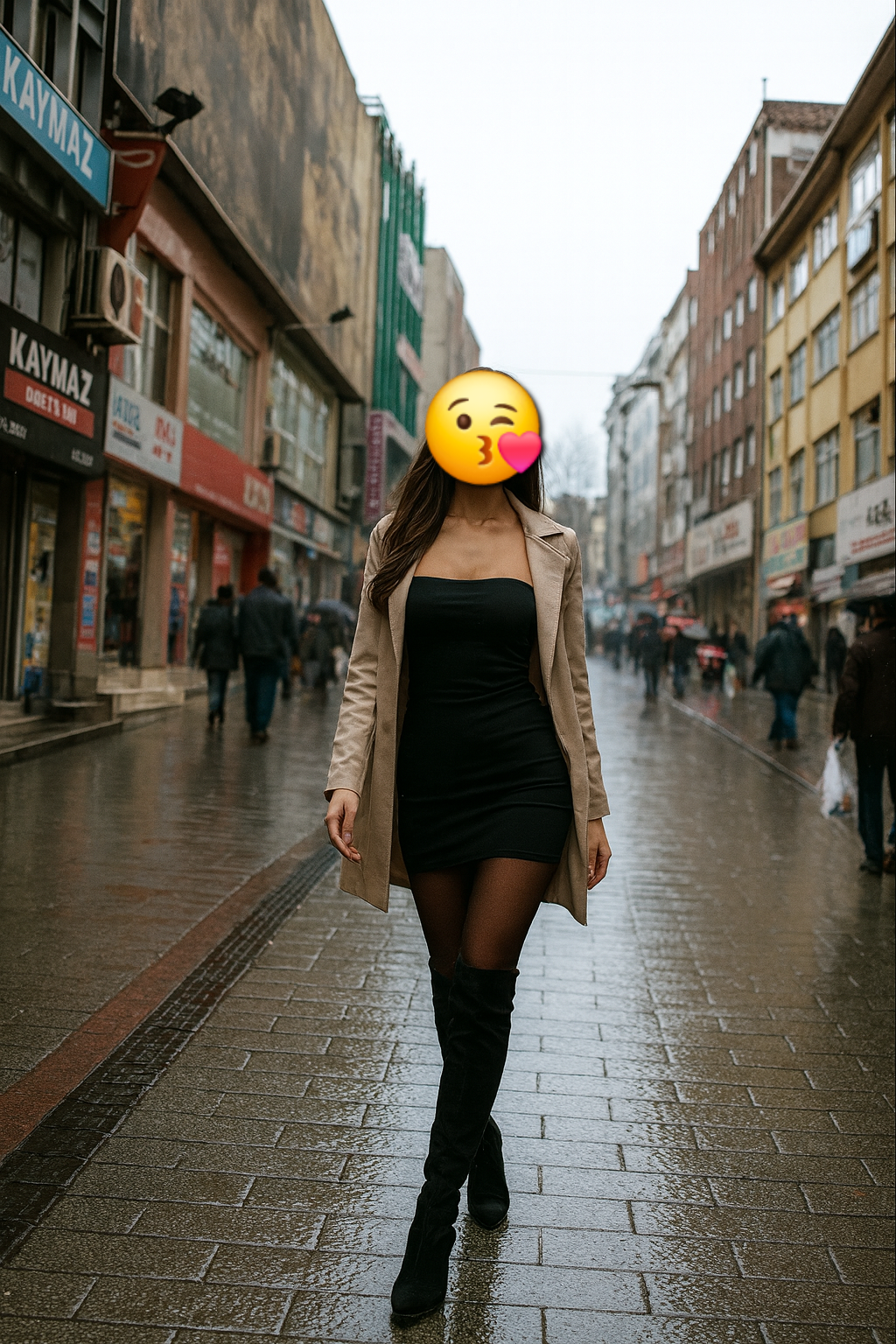6920c2e19d7dc - Gebze Escort Woman in a black mini dress and beige coat walking down a rainy city street lined with shops and pedestrians in the background:**