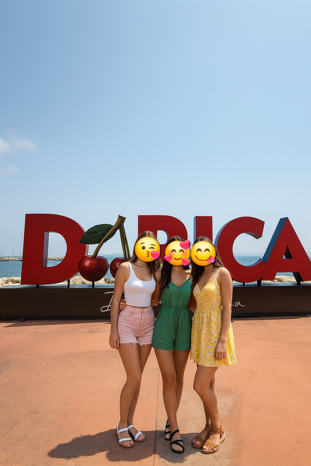 6920c2e4bcac3 - Gebze Escort Three young women in summer outfits pose in front of a large red sign with cherries by the sea on a sunny day.